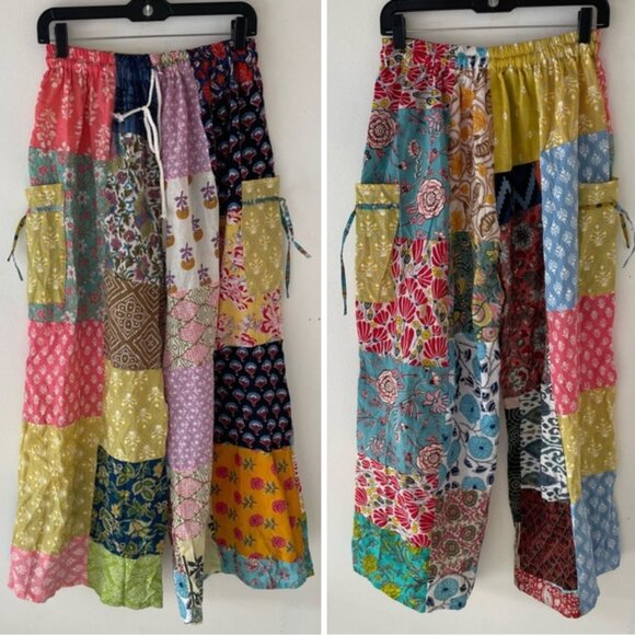 Vintage Pants - Handmade Patchwork Pockets Wide Leg Pull-On Pants - 37203